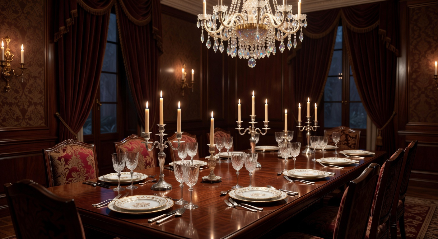 Comedor elegante con cristalería de lujo y detalles en oro