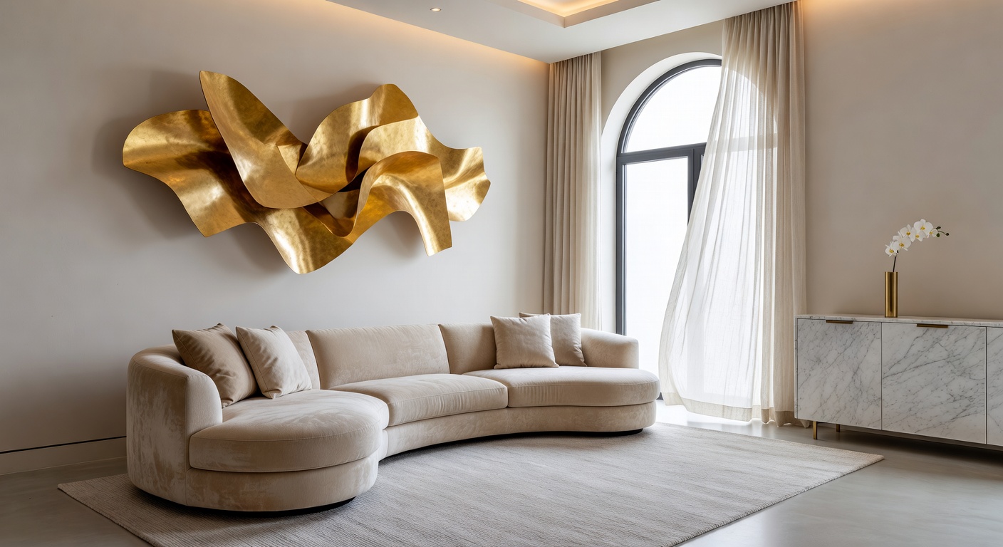 Salón con sofá seccional curvado de diseño europeo